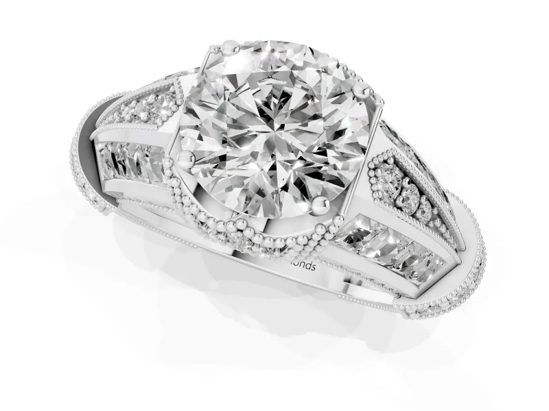 Round Cut Diamond Vintage-Inspired Milgrain Ring Set in Platinum with Accent Split Shank