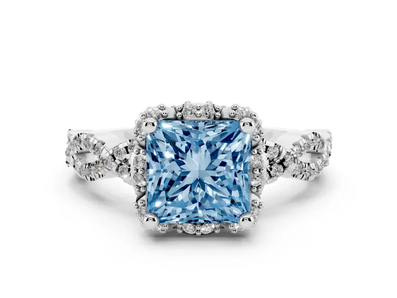 Fancy Blue Princess Cut Diamond Halo Twist Band Solitaire Ring Set in Platinum with Prong-Set Center Stone
