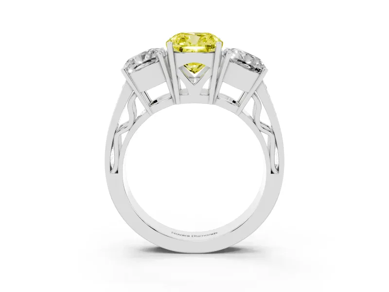 Fancy Yellow Cushion Cut Diamond Three-Stone Ring Set in White gold with Textured Band