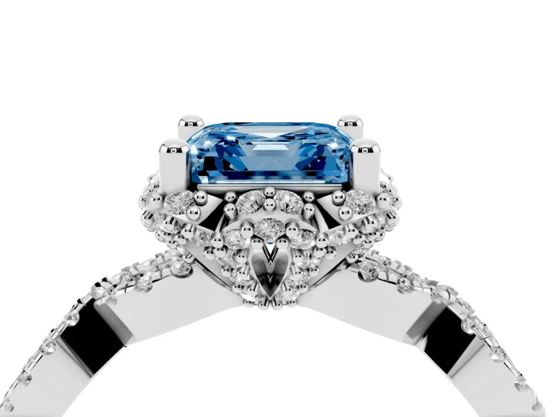 Fancy Blue Asscher Cut Diamond Halo Twist Band Solitaire Ring Set in Silver with Prong-Set Center Stone