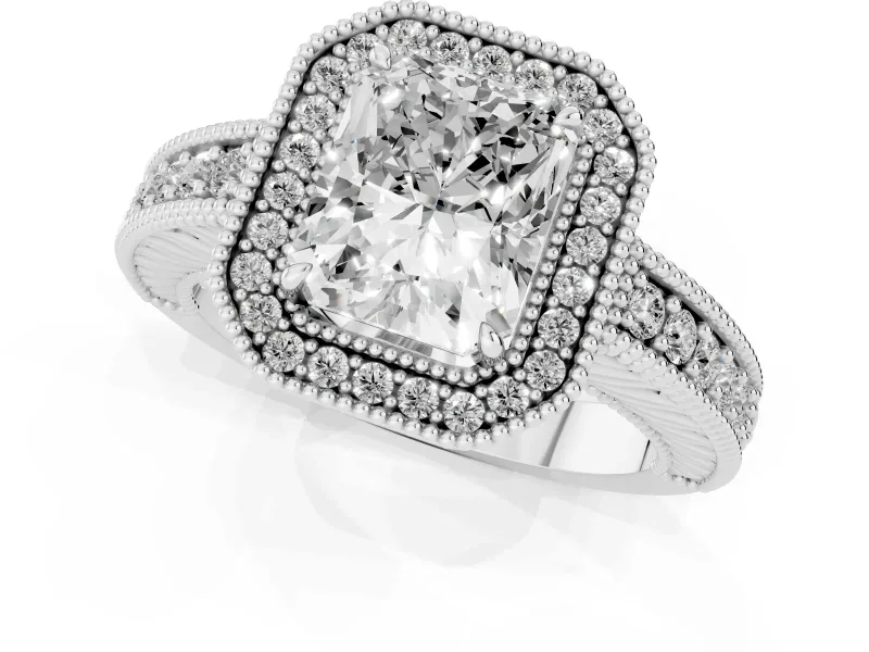 Radiant Cut Diamond Halo Ring Set in Platinum with Round Accent Halo, Pavé Band and Prong Setting