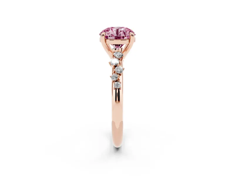 Fancy Pink Round Cut Diamond Solitaire Vine Band Ring Set in Rose gold with Round Accents and Prong Setting