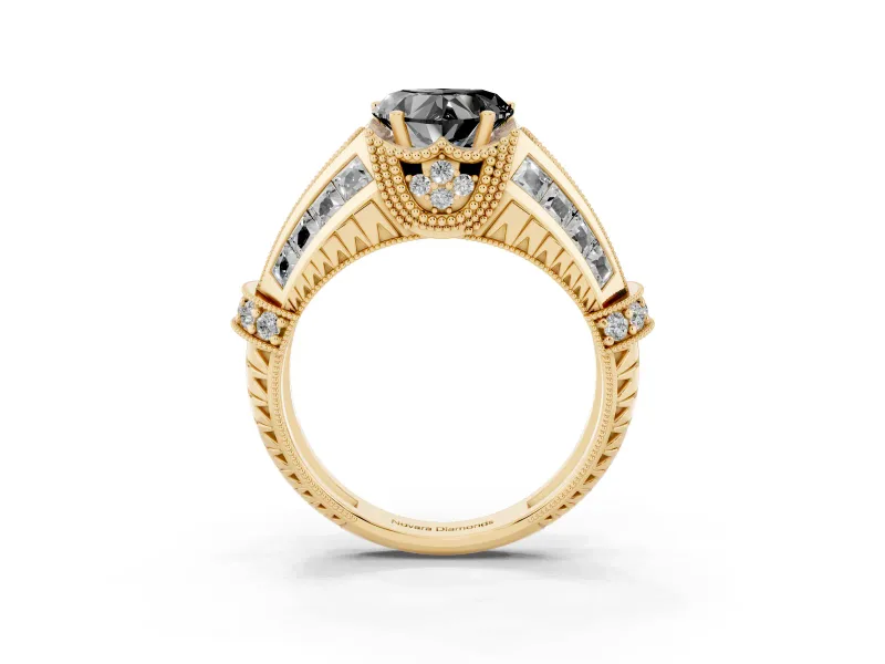 Fancy Black Heart Cut Diamond Vintage-Inspired Milgrain Ring Set in Yellow gold with Accent Split Shank