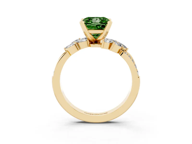 Princess Cut Floral Engagement Ring Setting for a Fancy Green Lab-Grown Diamond | Marquise Side Stones | Yellow Gold