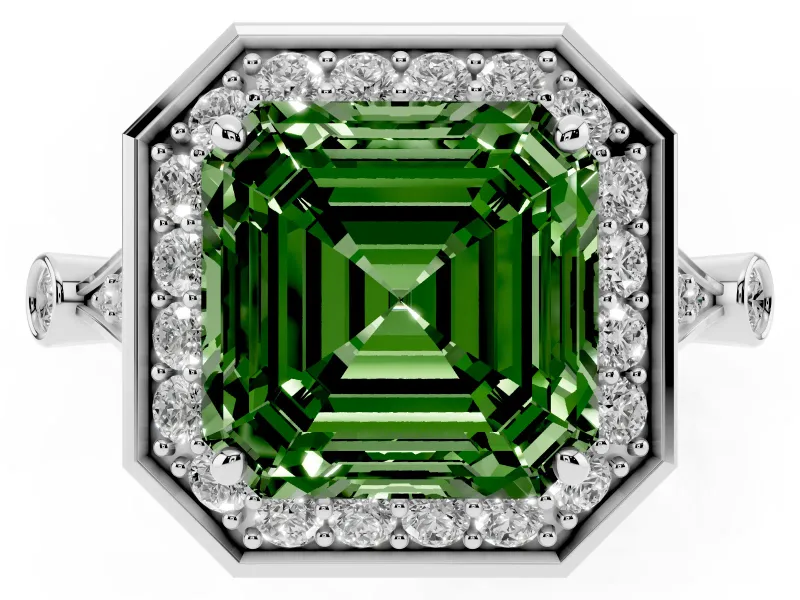 Asscher Cut Halo Engagement Ring Setting for a Fancy Green Lab-Grown Diamond | Bezel Station Shoulders | Platinum