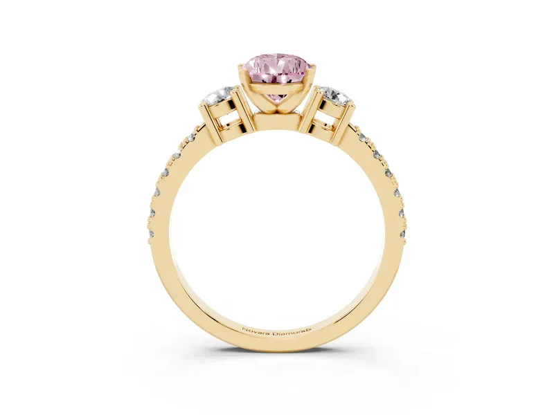 Fancy Pink Three-Stone Pear Cut Diamond Pavé Band Ring Set in Yellow gold with Prong Setting