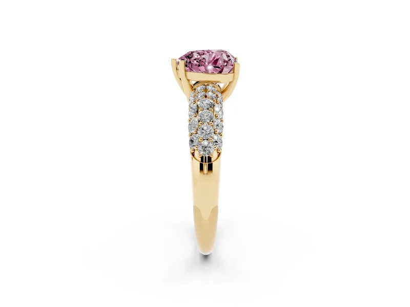Heart-Shaped Multi Row Pave Engagement Ring Setting for a Fancy Pink Lab-Grown Diamond | Yellow Gold