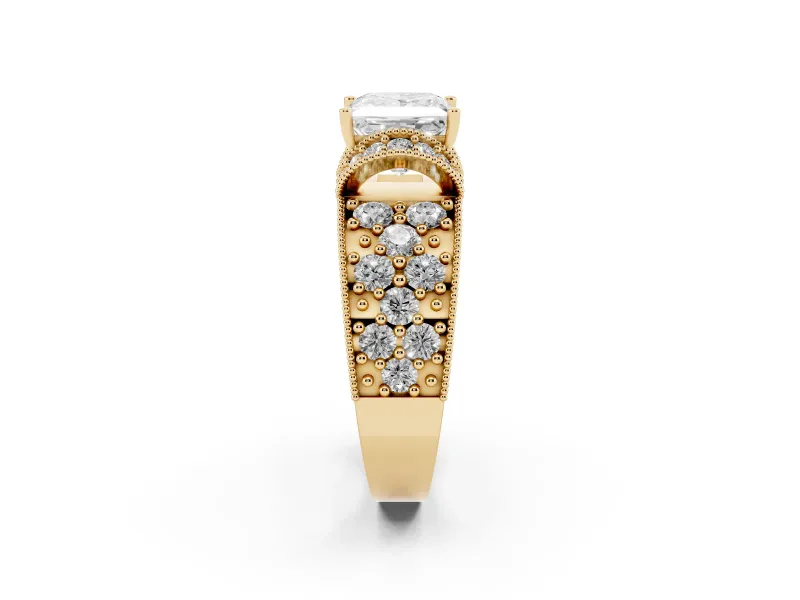 Princess Cut Vintage Milgrain Pave Engagement Ring Setting | Crescent Side Rows | Yellow Gold