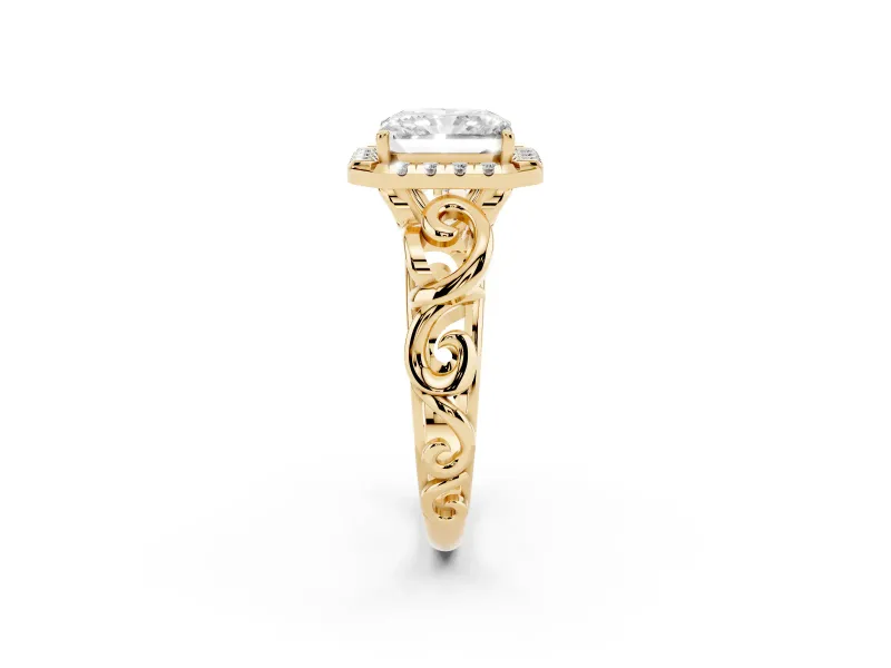 Radiant Cut Diamond Halo Ring Set in Yellow gold with Scrollwork Band and Prong Setting