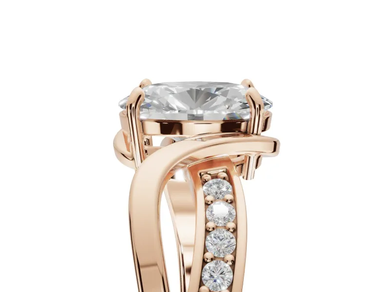 Oval Bypass Solitaire Engagement Ring Setting | Pavé and Plain Strands | Rose Gold