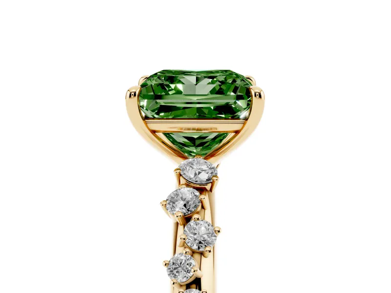 Fancy Green Princess Cut Diamond Cluster Solitaire Ring Set in Yellow gold with Prong Setting