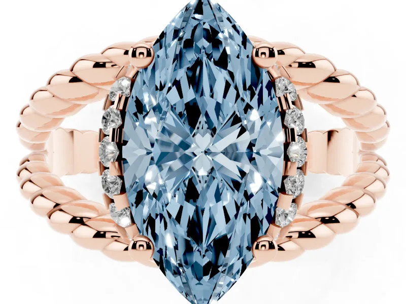 Fancy Blue Marquise Cut Diamond Halo Ring Set in Rose gold with Twisted Band and Prong Setting
