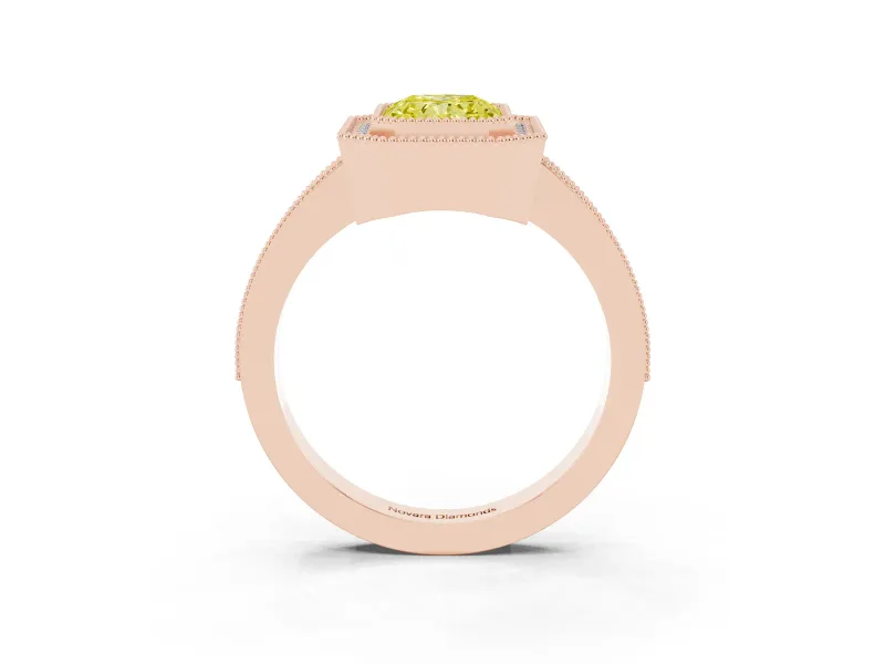 Fancy Yellow Radiant Cut Diamond Halo Engagement Ring Set in Rose gold with Pavé Band and Round Halo Stones