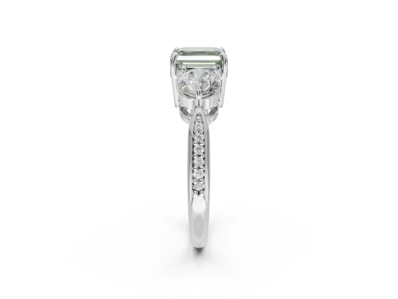 Asscher Cut Three Stone Engagement Ring Setting for a Fancy Green Lab-Grown Diamond | Tapered Pave Band | Platinum