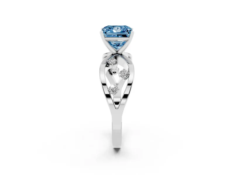 Fancy Blue Princess Cut Diamond Solitaire Ring Set in Silver with Side Stones on Criss-Cross Band and Prong Setting