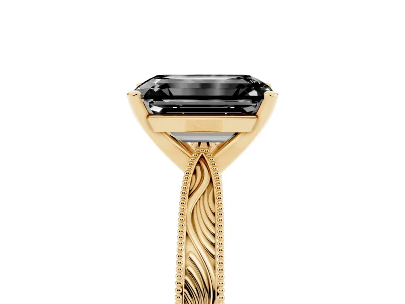 Fancy Black Emerald Cut Diamond Solitaire Milgrain Engraved Band Set in Yellow gold with Prong Setting