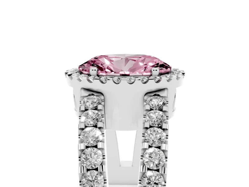 Fancy Pink Oval Cut Diamond Halo Ring Set in Silver with Pavé Split Shank and Prong Setting