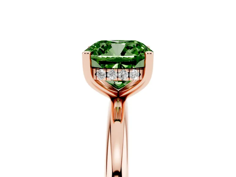 Fancy Green Cushion Cut Diamond Solitaire Engagement Ring Set in Rose gold with Prong Setting and Polished Band
