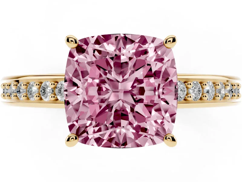 Fancy Pink Cushion Cut Diamond Pavé Band Prong Set Solitaire Ring Set in Yellow gold