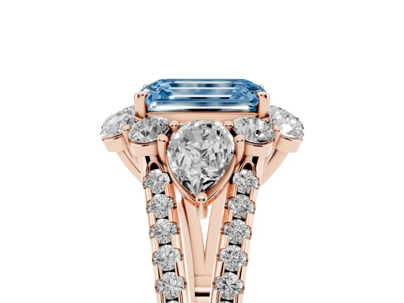 Emerald Cut Scalloped Halo Engagement Ring Setting for a Fancy Blue Lab-Grown Diamond | Pear Side Stones | Rose Gold