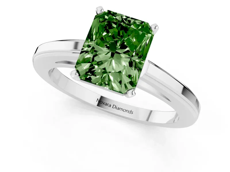 Fancy Green Radiant Cut Diamond Solitaire Ring Set in Silver with Prong Setting and Classic Band
