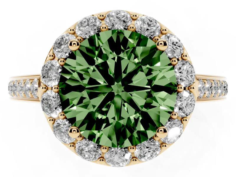 Fancy Green Round Cut Diamond Floral Halo Ring Set in Yellow gold with Pavé Band and Prong Setting