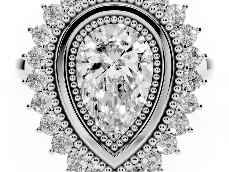 Pear Cut Diamond Halo Ring Set in Platinum with Milgrain Edge and Round Prong Setting