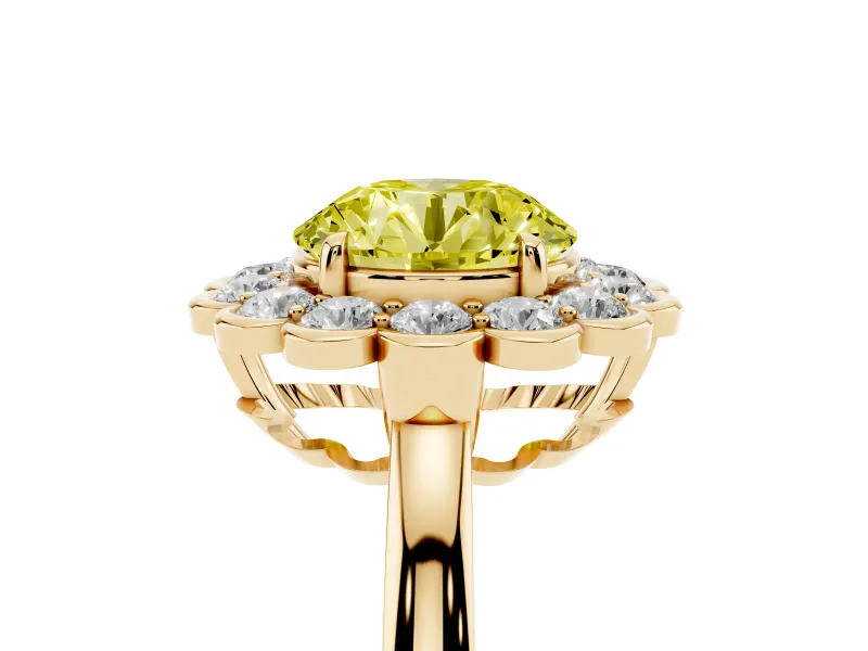 Round Scalloped Cluster Halo Engagement Ring Setting for a Fancy Yellow Lab-Grown Diamond | Plain Band | Yellow Gold
