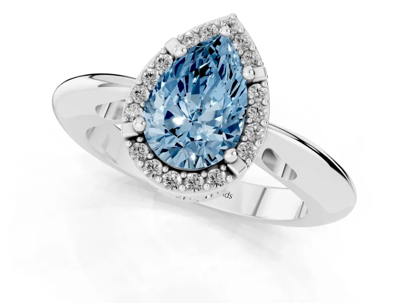 Fancy Blue Pear Cut Diamond Halo Engagement Ring Set in White gold with Plain Split Shank and Prong Setting
