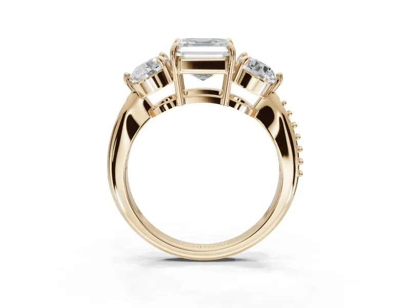 Asscher Cut Three Stone Engagement Ring Setting | Tapered Pave Band | Yellow Gold