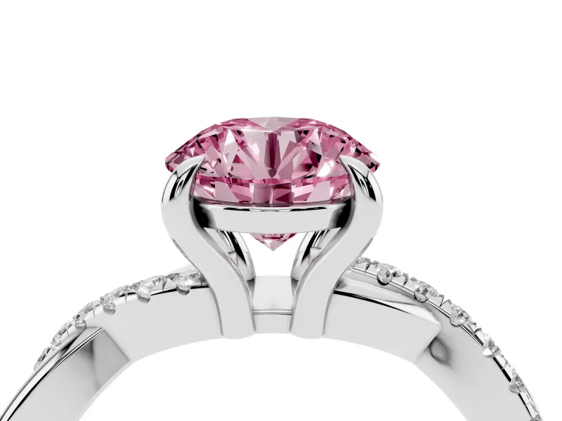 Fancy Pink Round Cut Diamond Twist Band Solitaire Set in Platinum with Pavé Accents and Prong Setting
