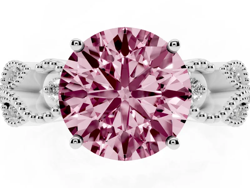 Fancy Pink Round Cut Diamond Milgrain Leaf Band Solitaire Ring Set in Silver with Accent Stones and Prong Setting
