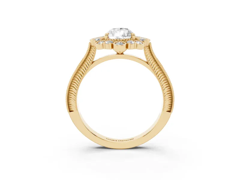 Pear Cut Diamond Halo Milgrain Pavé Ring Set in Yellow gold with Prong Setting