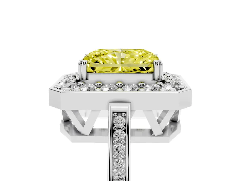 Radiant Cut Halo Engagement Ring Setting for a Fancy Yellow Lab-Grown Diamond | Polished Halo Rim | Platinum