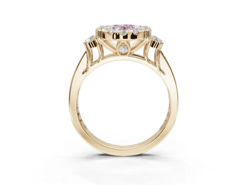 Oval Halo Engagement Ring Setting for a Fancy Pink Lab-Grown Diamond | Side Clusters | Yellow Gold