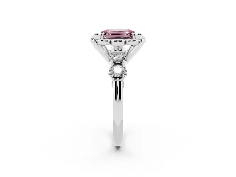 Emerald Cut Floral Engagement Ring Setting for a Fancy Pink Lab-Grown Diamond | Petal Frame and Side Stones | Platinum