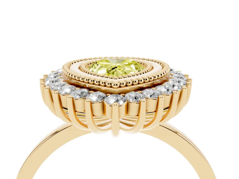 Fancy Yellow Pear Cut Diamond Halo Ring Set in Yellow gold with Milgrain Edge and Round Prong Setting