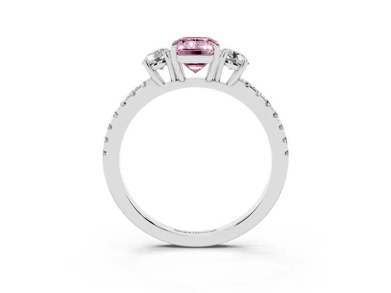 Emerald Cut Three Stone Engagement Ring Setting for a Fancy Pink Lab-Grown Diamond | Pave Shoulders | Sterling Silver