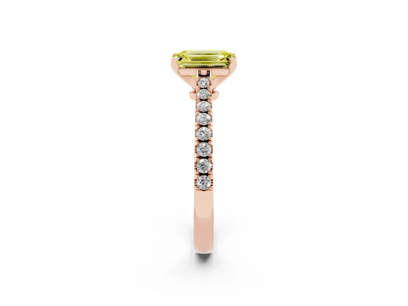 Fancy Yellow Emerald Cut Diamond Solitaire Engagement Ring Set in Rose gold with Delicate Pavé Band and Prong Setting