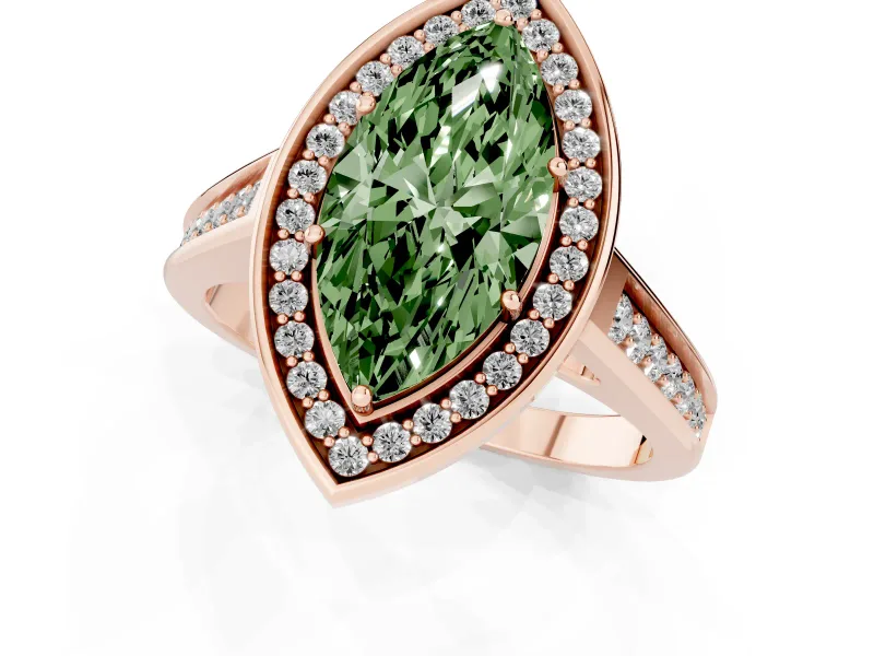 Fancy Green Marquise Cut Diamond Halo Solitaire Ring Set in Rose gold with Pavé Band and Bezel Setting