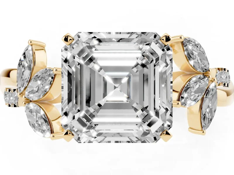Asscher Cut Diamond Floral Vine Solitaire Engagement Ring Set in Yellow gold with Marquise Leaves
