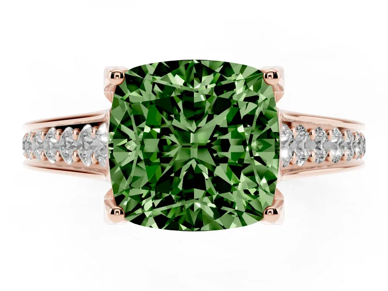 Fancy Green Cushion Cut Diamond Solitaire Pavé Engagement Ring Set in Rose gold with Prong Setting