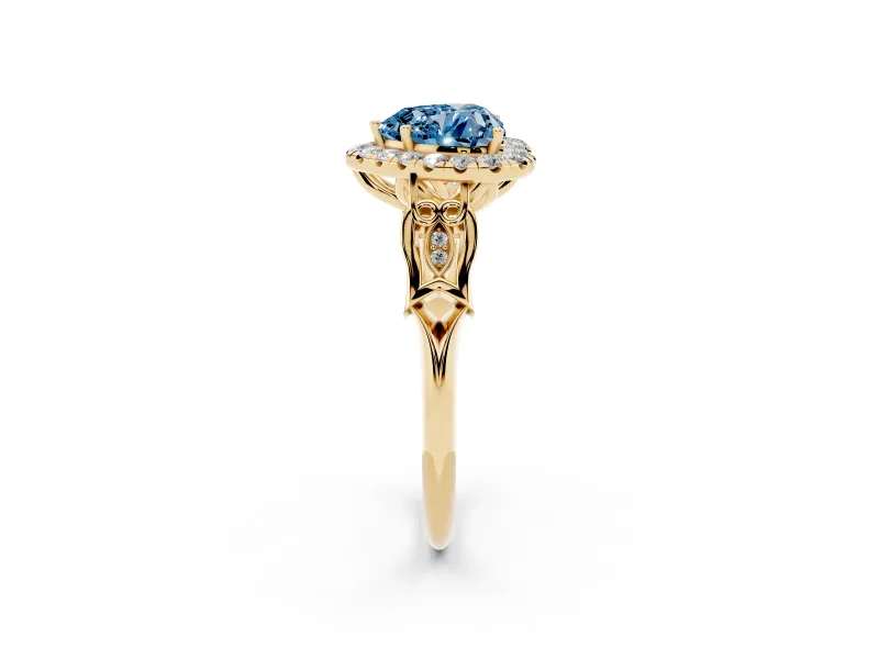 Heart-Shaped Halo Engagement Ring Setting for a Fancy Blue Lab-Grown Diamond | Filigree Shoulders | Yellow Gold