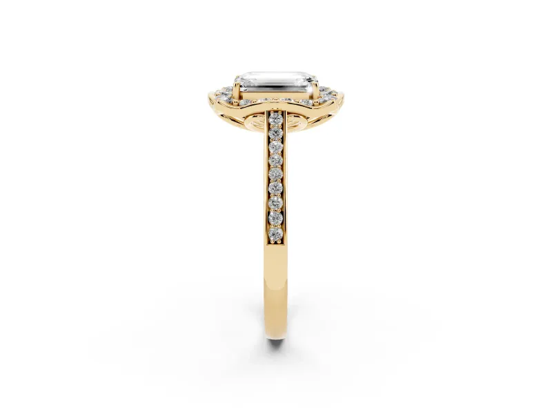 Emerald Cut Petal Tip Halo Engagement Ring Setting | Single Row Pavé Band | Yellow Gold