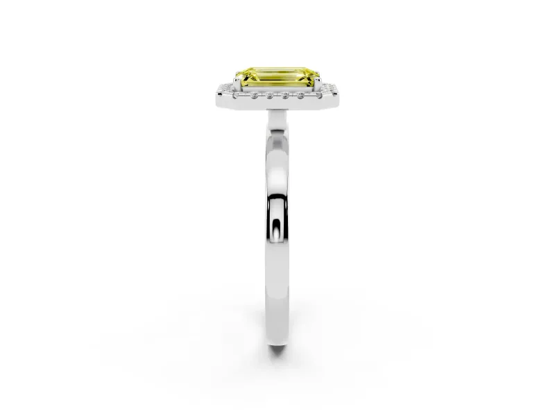 Emerald Cut Thin Halo Engagement Ring Setting for a Fancy Yellow Lab-Grown Diamond | Plain Polished Band | Platinum