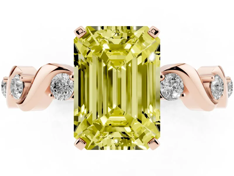 Fancy Yellow Emerald Cut Diamond Solitaire Ring Set in Rose gold with Ribbon Twist Band, Round Accents and Prong Setting
