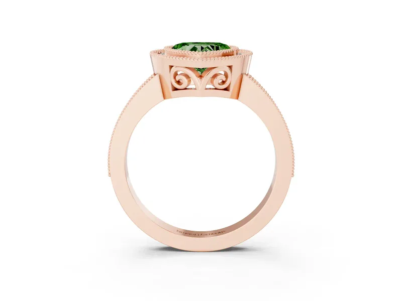 Fancy Green Heart Cut Diamond Halo Ring Set in Rose gold with Pavé Band and Milgrain-Edged Prongs