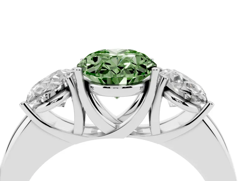 Fancy Green Oval Cut Diamond Three-Stone Ring Set in Silver with Bold Center and Classic Band