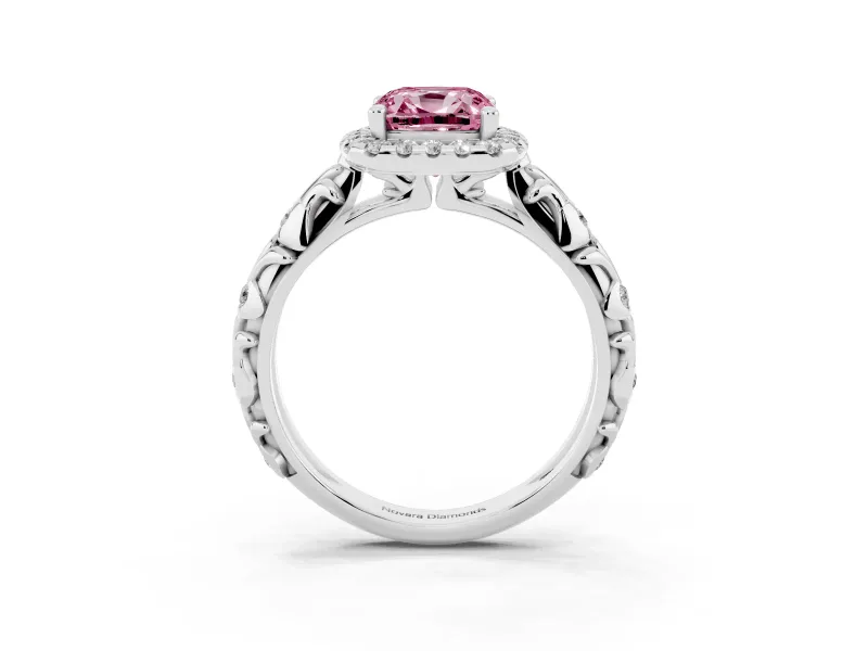 Cushion Cut Leaf Halo Engagement Ring Setting for a Fancy Pink Lab-Grown Diamond | Bezel Accents | Sterling Silver