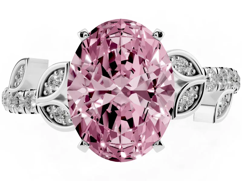 Fancy Pink Oval Cut Diamond Solitaire Leaf-Inspired Ring Set in Platinum with Pavé Band and Prong Setting